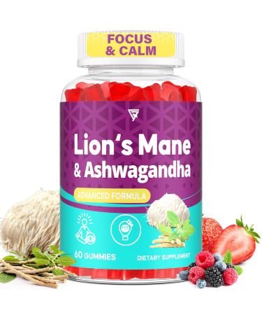 Organic Ashwagandha Gummies & Lions Mane Gummies with 4 Adaptogens| Brain Supplements for Memory and Focus Stress Energy Immune Sleep| Cortisol Supplements for Women & Men| Berry Flavor 60 Counts 60 Count (Pack of 1)
