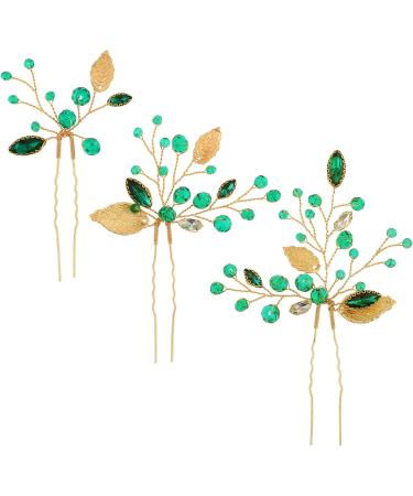 Lusofie 3Pcs Emerald Green Rhinestone Bridal Hair Pins | Gold Flower Leaves Wedding Hair Piece for Women Girls - Buy Online on GoSupps.com