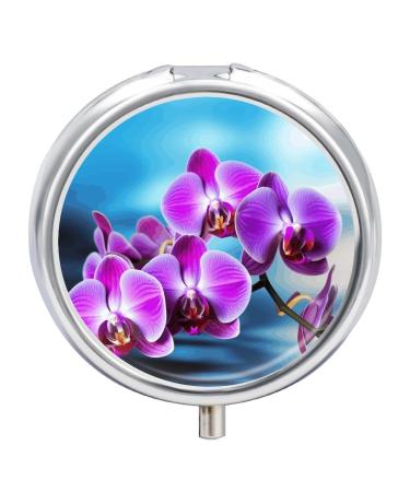Round Pill Box Beautiful Orchid Print 3 Compartment Medicine Pill Case Print Pill Organizer Decorative Metal Portable Pill Box Pocket Pill Box