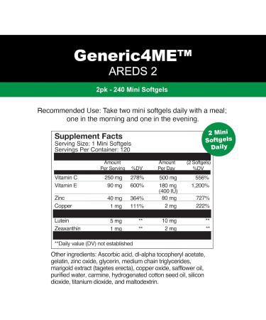 AREDS 2 SoftGels 500 mg Vitamin C 400 IU Vitamin E 10 mg Lutein 2 mg Zeaxanthin 80 mg Zinc 2 mg Copper - Supports Eye Health - 120 Mini SoftGels (Two Month Supply) 120 Count (Pack of 1) - Buy Online on GoSupps.com