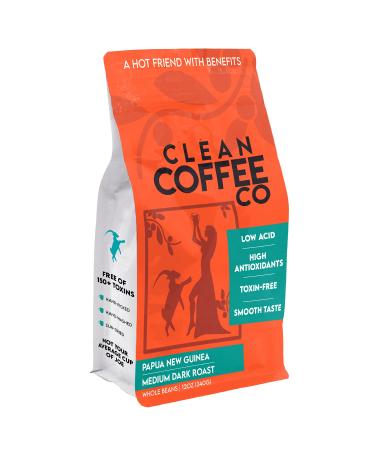 Clean Coffee Co. | Low Acid Coffee, 12oz Bag Whole Bean Coffee | Medium Roast from Papua New Guinea | Toxin and Mold Free, Antioxidant Rich, Smooth Taste for Espresso, French Press, or Iced Coffee Medium Roast - Whole Bean 12 Ounce (Pack of 1)