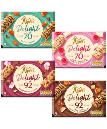 Breakfast Bar Bundle With Alpen Raspberry Rocky Road 5x120g Chocolate Caramel 5x120g White Chocolate Raspberry 5x95g & Salted Caramel 5x95g (4 Pack)