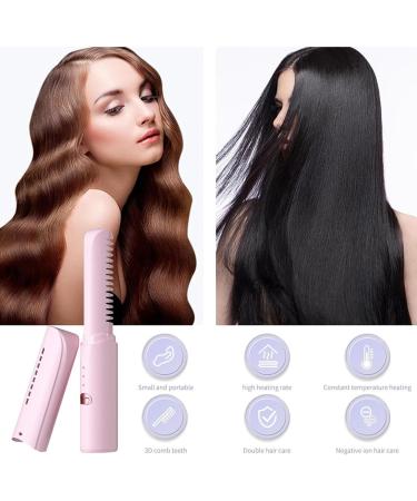 Rechargeable Wireless Hair Straightener Comb - 3 Temperature Levels Portable Hair Straightening Brush & Curler (Pink) - International Shipping Available - Buy Online on GoSupps.com