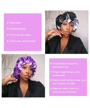 Satin Silk Bonnet 2 Pack for Black Women - Double Layer Soft Sleep Bonnets in Black & Purple - Buy Online on GoSupps.com