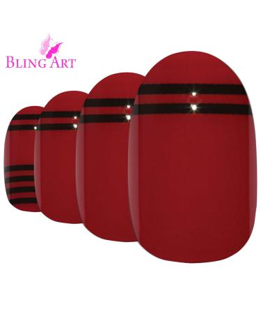 False Nails Bling Art Red Black Glossy Oval 24 Artificial Nails Medium Tips
