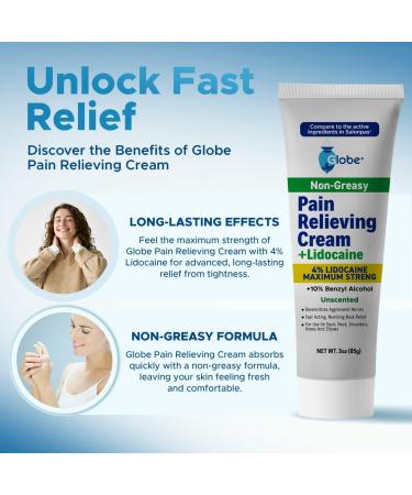 Globe Pain Relieving Cream 4% Lidocaine | Maximum Strength Numbing Relief for Muscle Joint Backache & Soreness | Fast Acting Unscented 3oz - Buy Online on GoSupps.com