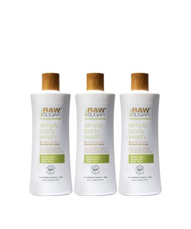 RAW SUGAR Sensitive Skin Simply Body Wash - Green Tea + Cucumber + Aloe Vera Moisturizing & Brightening Bath & Shower Gel Sulfate-Free Paraben-Free & Vegan (Pack of 3)