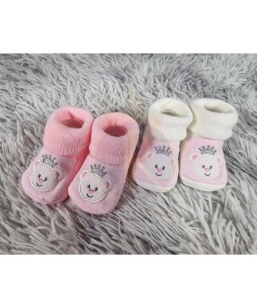 Royal Icon 2 x Pairs Baby Booties 0-3 Months | Soft & Stylish Newborn Slippers | Ideal for Indoor & Outdoor Use | White Pink Teddy Design - Buy Online on GoSupps.com