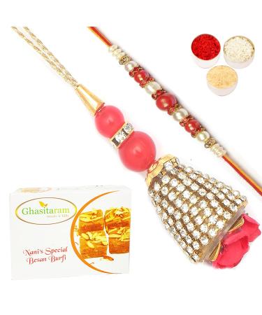 Ghasitaram Gifts Rakhis Online - Rakhi for Brother- The Glittering Chains Bhaiya Bhabhi Rakhi with 200 GMS of Besan Barfi Rakhi Set with 200 gms of Besan Barfi