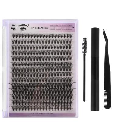 FRCOLOR 1 Sets DIY Eyelash Kits Eyelash Extensions Tools Individual Lash Clusters with Eyelash Glue Remover Curved Tip Eyelash Tweezers with Combs Eyelash Brush for Self Application Black