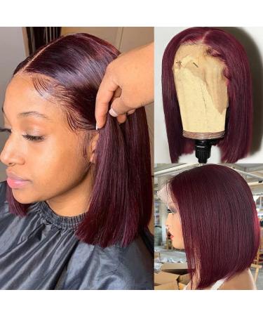 XinXin 99j Burgundy Bob Wig Human Hair 13 4 lace Front Wigs Human Hair Pre Plucked with Baby Hair 150% Density Red Win Short Straight Bob Wigs Dark Burgundy 13 4 HD Lace Frontal Human Hair Wigs for Black Women (12inch  B...