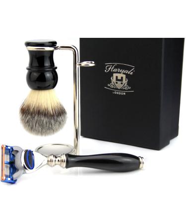 Buy 3 Pc Men's Shaving Kit - 5 Edge Razor Synthetic Badger Hair Brush & Stainless Steel Stand | Perfect Grooming Gift - Buy Online on GoSupps.com