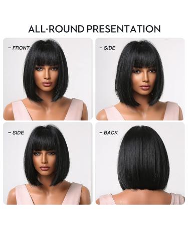 AWEE Black Short Bob Wig with Bangs - 10 Inch Natural Straight Synthetic Hair for Daily Wear and Cosplay - Buy Online on GoSupps.com