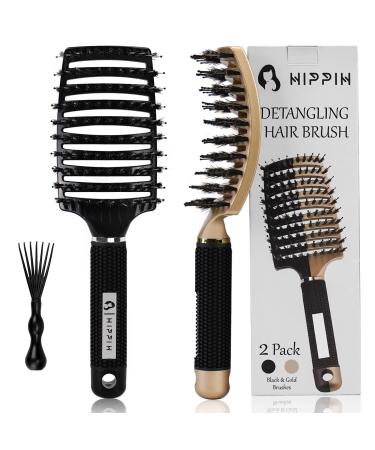 Boar Hair Brushes 2 Pack, Suitable for Men, Women & Kids Long Curly Wet or Dry Hair, HIPPIH Hairbrush for Thick Hair Can Adds Shine and Makes Hair Smooth Black