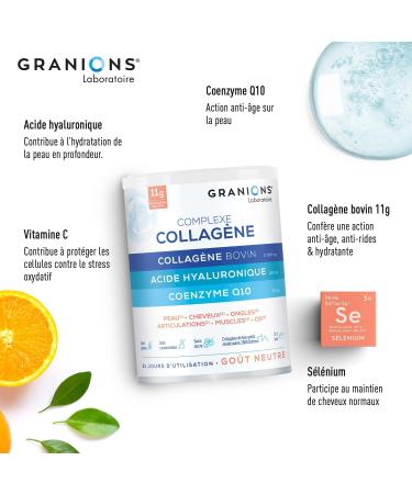 GRANIONS Complexe Collagene et Acide Hyaluronique - GRANIONS Collag ne N 1 en Pharmacies - Coenzyme Q10 + Vitamine C + Selenium - Action 6 en 1 - Poudre - Go t Neutre 21 Jours Complexe Collag ne en Poudre - Buy Online on GoSupps.com