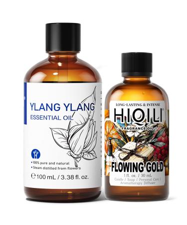 HIQILI 100ML Ylang-Ylang Essential Oil & 30ML Flowing Gold Fragrance Oil for DIY Diffuser