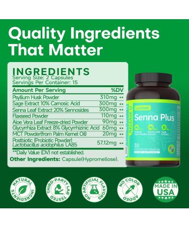 LuckTell Senna Plus 15-Day Cleanse - Gentle Gut Cleanse Detox for Women & Men with Senna Cascara Sagrada Psyllium Husk & MCT Oil Nature Colon Cleanse with Probiotics Made in USA 30 Capsules - Buy Online on GoSupps.com
