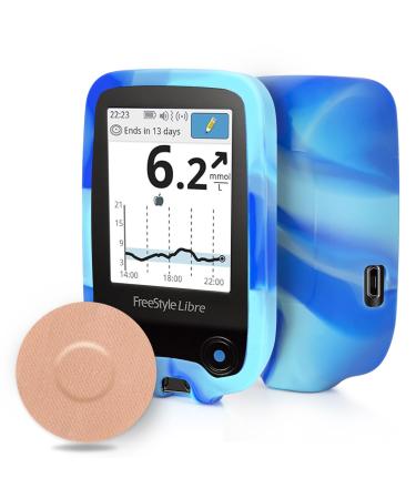YOUSHARES Silicone Case for Libre 2 Reader with 20 Packs Beige Libre 2 Sensor Patches Waterproof Anti-Drop Scratches Protective Case for Adhesive Patches Sensor (Blue & White)