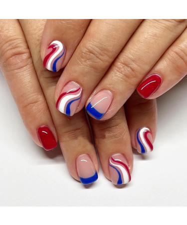 4th of July Press on Nails Extra Short Square French Tip Fake Nails Full Cover False Nails with Red Blue Line Designs Glossy Acrylic Nails Artificial Nails for Women Girls 24 Pcs ID Nails Style7