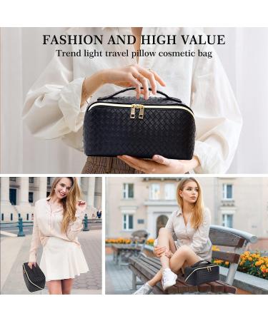 ZAUKNYA Large Capacity Travel Cosmetic Bag - Portable Leather Waterproof Women's Makeup Organizer - Checkered Cosmetic Bag with Handle and Divider (Black) - Buy Online on GoSupps.com