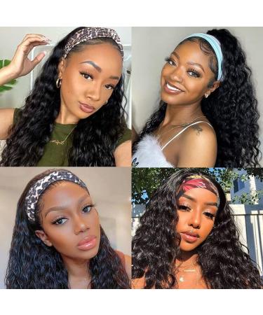 Lovigs Water Wave Headband Wig 24 Inch - Brazilian Virgin Hair Machine Made Natural Color 1B - Curly None Lace Front Wigs for Black Women - Buy Online on GoSupps.com