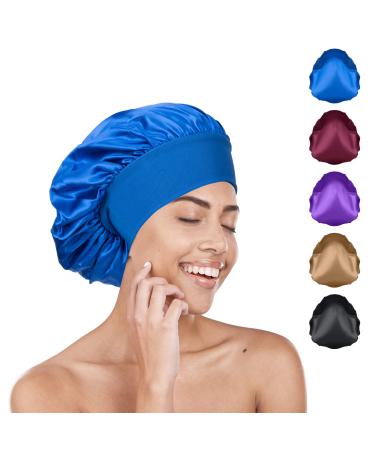 Blue Silk Hair Wrap for Sleeping Satin Bonnet Sleep Cap for Curly Hair Night Caps with Wide Elastic Band Soft Satin Head Cover Shower Caps Silk Bonnet for Women Girls Makeup Hair Protection
