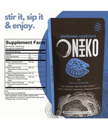 ONIIKO 5 Mushroom Cocoa - Better Sleep & Calm Blend with Chaga Reishi Goji Berries Monk Fruit MCT Oil - 1500mg Extract 30 Servings Instant Powder - Buy Online on GoSupps.com
