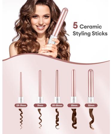 CkeyiN Ceramic Curling Wand - 5 in 1 Hair Curlers, Adjustable Temperature, Professional Hair Styling Tool for Long Hair - Pink & White - Buy Online on GoSupps.com