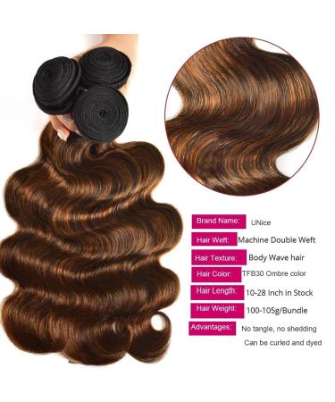 UNICE Brown Highlight Body Wave Human Hair Weave 3 Bundles 14 16 16 inch Brazilian Remy Hair Ombre Blonde Wavy Sew in FB30 Piano Color - Buy Online on GoSupps.com