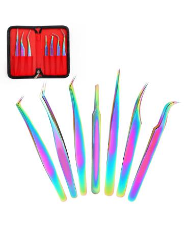 Eyelash Extension Tweezers Kit - Fangze 7 Pcs Rainbow Stainless Steel Eyelashes Tweezer Set with Case for Nail Art Ingrown Hair Craft Work