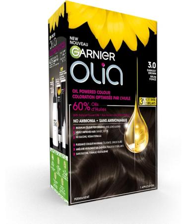 Garnier Olia Permanent Hair Dye Ammonia-Free Hair Color 3.0 Darkest Brown Long-Lasting Hair Shine With 60% Oils 1 Application BROWN SHADES 3.0 Darkest Brown - Buy Online on GoSupps.com