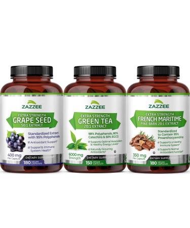 Anti Aging Healthy Heart Support Bundle | Antioxidant Rich Super Concentrated Grape Seed Extract with EGCG Green Tea Extract and French Maritime Pine Bark Capsules | Non-GMO Vegan & ISO Lab Tested