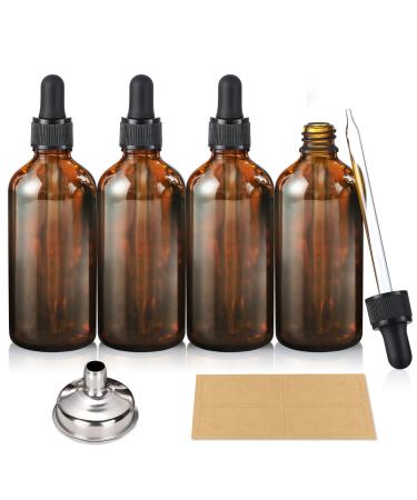 AOZITA 4 Pack 100ml Dark Amber Dropper Bottles with 1 Funnels & 4 Labels - 3.4oz Brown Glass Tincture Bottles with Eye Droppers for Essential Oils Liquids - Leakproof Travel Bottles