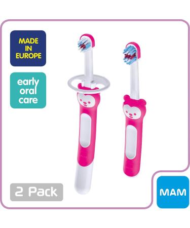 MAM Learn to Brush Set (1 Baby's Brush Toothbrush 1 Training Brush 1 Safety Shield) Baby Toothbrushes with Brushy the Bear Interactive App For Girls 5+ Months Pink - Buy Online on GoSupps.com