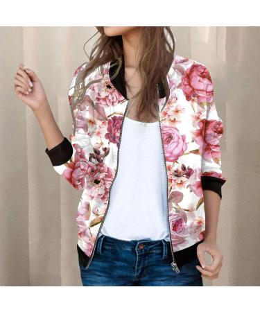 Stylish Women's Light Bomber Jacket with Flower Pattern - Casual Aviator Zipper Summer Outerwear in Red - Perfect for College & Everyday Wear - Buy Online on GoSupps.com