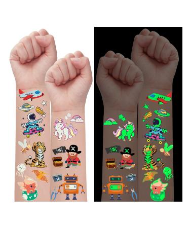 PARTYWIND Luminous Temporary Tattoos for Kids  Waterproof Fake Tattoos Stickers with Unicorn Dinosaur Mermaid Pirate Construction Theme for Boys and Girls  Birthday Gifts Party Decorations Supplies Favors