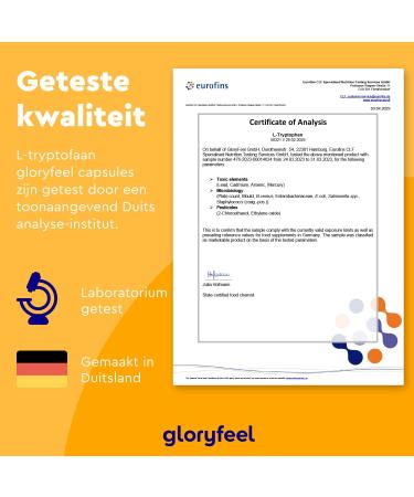 Gloryfeel LTryptophan 500 mg 240 vegan Health Supplement capsules 8 months Natural Vegetable Fermentation Labtested German production without additives - Buy Online on GoSupps.com