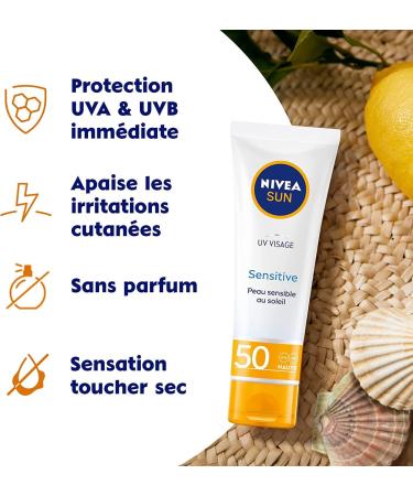NIVEA SUN UV VISAGE Sensitive Soothing Cream SPF 50 (1 x 50 ml) Facial sunscreen formula for sensitive skin Immediate sun protection without fragrance & non-greasy - Buy Online on GoSupps.com