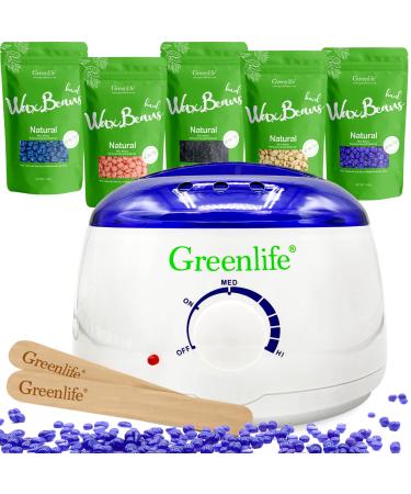 GreenLife Wax Warmer Kit Hair Removal SET includes 5 Flavors Full Body Hard Wax Beans and 20 Wax Applicator Sticks Eyebrow Facial Armpit Bikini Brazilian for Women and Men (White)