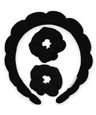 FROG SAC Puffy Spa Headband and Wristband Scrunchies for Girls  Skincare Headbands for Women Makeup  Terry Cloth Towel Head Band for Skin Care  Twisted Bubble Make Up Hair Band for Washing Face Black