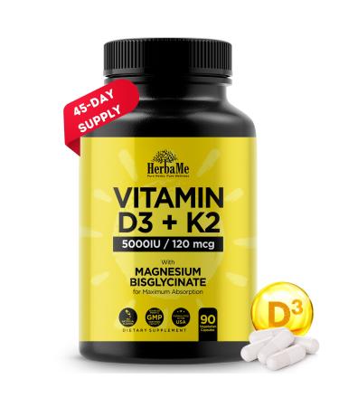 HerbaMe Vitamin D3 5000 IU + K2 with Magnesium Bisglycinate for Max Absorption | 90 Capsules | Immune Support | Promotes Heart, Bone and Muscle Health