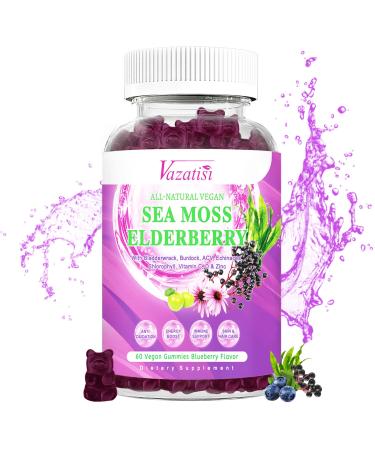 Vegan Sea Moss Gummies with Elderberry Bladderwrack Burdock Echinacea Apple Cider Vinegar Chlorophyll Vitamin C D & Zinc Supplement for Women Men Adults & Kids Blueberry Flavor 60Ct 60 Count (Pack of 1)