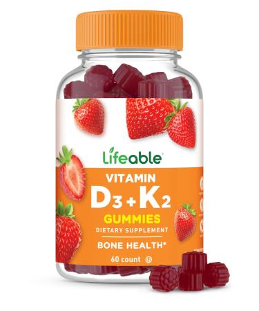Lifeable Vitamin D3 K2 Gummies for Adults | 1000iu D3 and K2 100mcg | Great Tasting D3 and K2 Supplements | for Bone Health and Immunity | VIT D3 K2 for Adults Men and Women | 60 Gummies