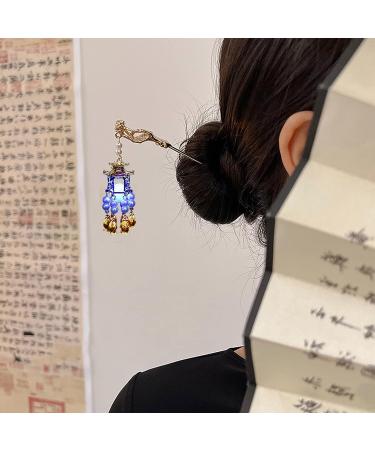 Chinese Ancient Style Lantern Hair Stick with Pearl Pendant | Metal Headdress Accessories in Light-Blue - Buy Online on GoSupps.com