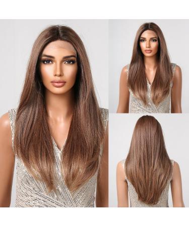 HAIRCUBE Lace Wigs Long Brown with Dark Roots Middle Part Natural Straight Hair for Daily Life Golden Brown