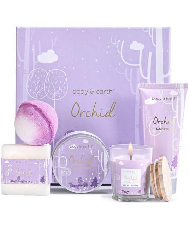 BODY & EARTH Luxury Gifts for Women 5 Pcs Orchid Bath Spa Gift Set Includes Scented Candle Body Butter Hand Cream Gifts for Pregnant Women Birthday Gift Sets for her