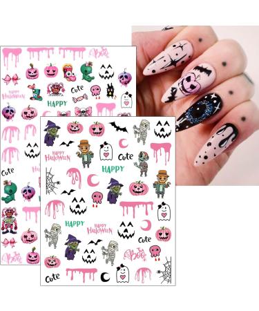 Pink Halloween Nail Stickers 10 Sheets Self-Adhesive Nail Decal Ghost Skull Witch Nail Art Decoration Design Supplies - Buy Online on GoSupps.com