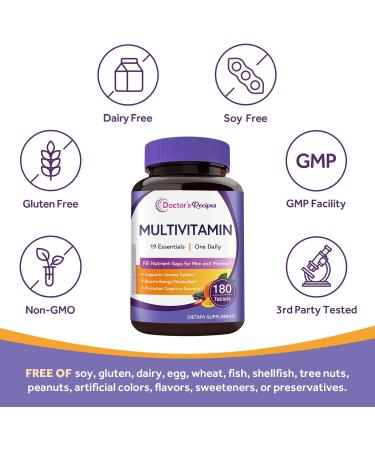Doctor's Recipes Multivitamin for Women & Men Immune Energy & Brain Health Support Vitamin A C D3 E B6 B12 Folic Acid Iron Zinc Copper Selenium & Iodine No Gluten Non-GMO 180 Tablets - Buy Online on GoSupps.com