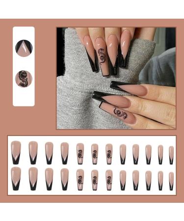 Justotry 24 Pieces Long Black French Coffin Nails with Dragon - Press On Ballerina Artificial Fingernails for Women - Buy Online on GoSupps.com