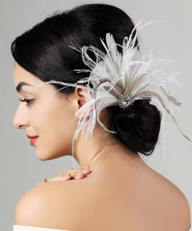 Anglacesmade Bridal 1920s Flapper Feather Hair Clip Pin Crystal White Feather Roaring 20s Headpiece Prom Party Festival Gatsby Hair Jewelry for Women and Girls